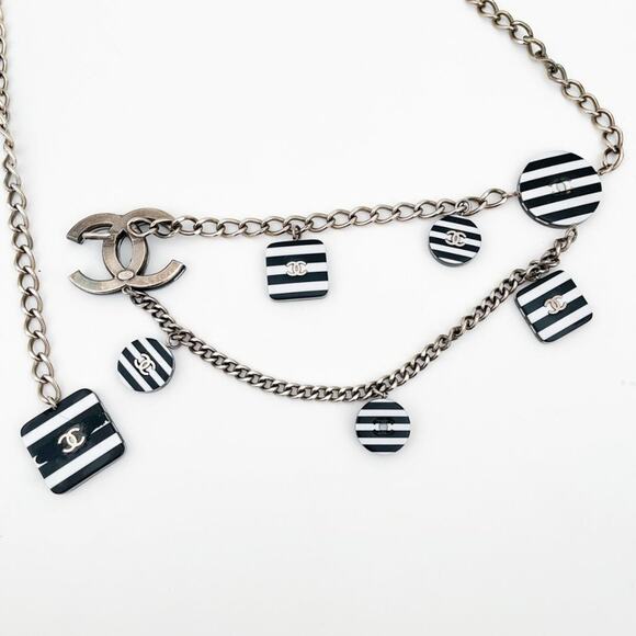 CHANEL 2005 CC Chain Belt Necklace Black and White Stripe Resin Charms Logo - Picture 10 of 16